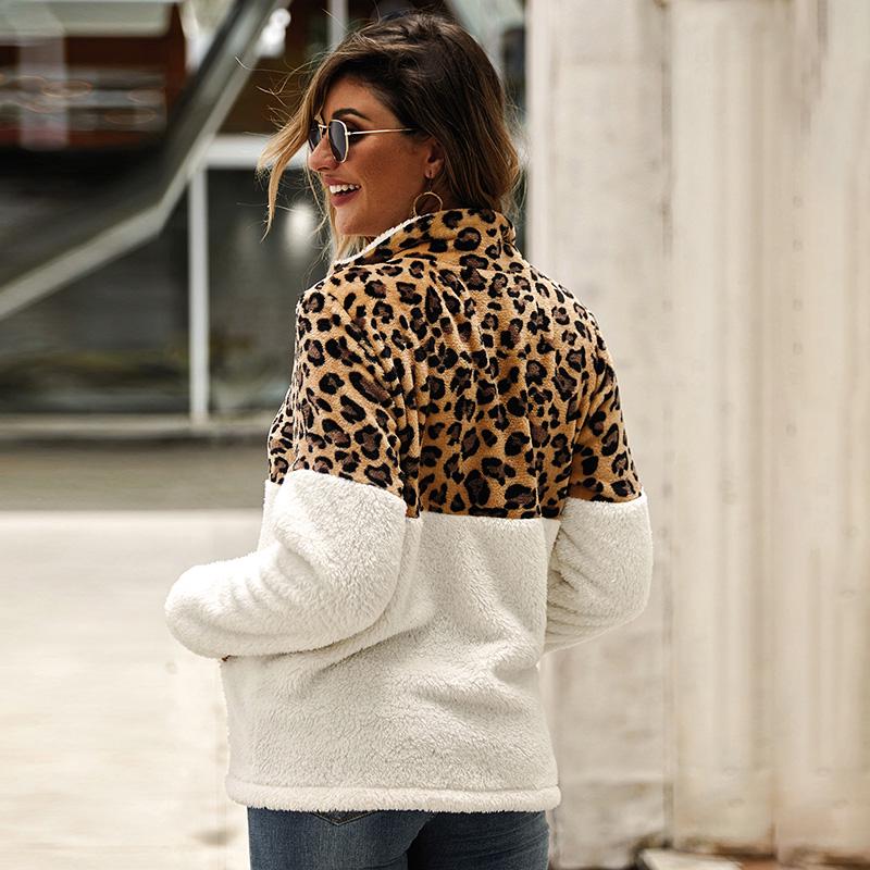 Women Autumn Winter Plush Hoodie Sweatshirts Leopard Splice Long Sleeve Turtleneck Zipper Casual