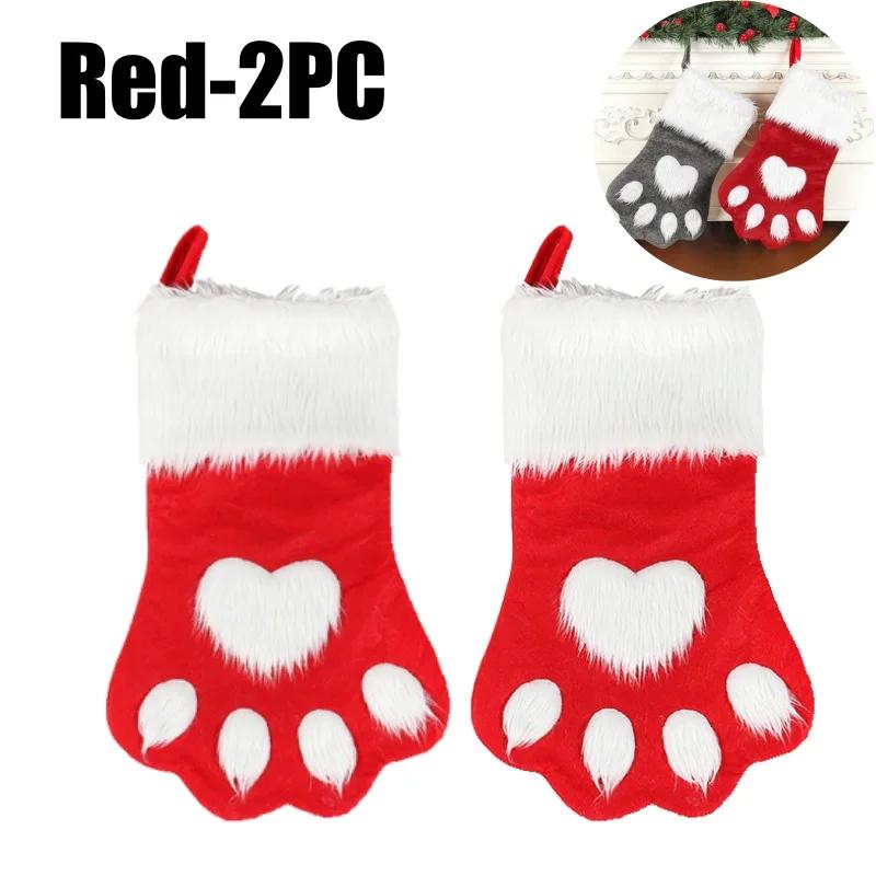 Red Velvet Christmas Stockings with Dogs Paw Winter Fuzzy Gift Bag for Home Hanging Holiday Ornament Decor
