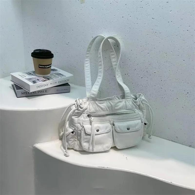 

Fashi Women Motorcycle Bag PU Leather Ruffled Drawstring Tote Handbag Multi Pocket Shoulder Bag білий