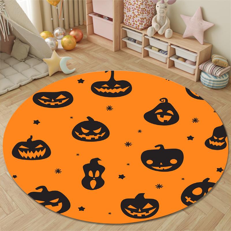 Round Area Carpet Halloween Jack O Lantern Pumpkin Black Silhouette Orange Party Room Decor