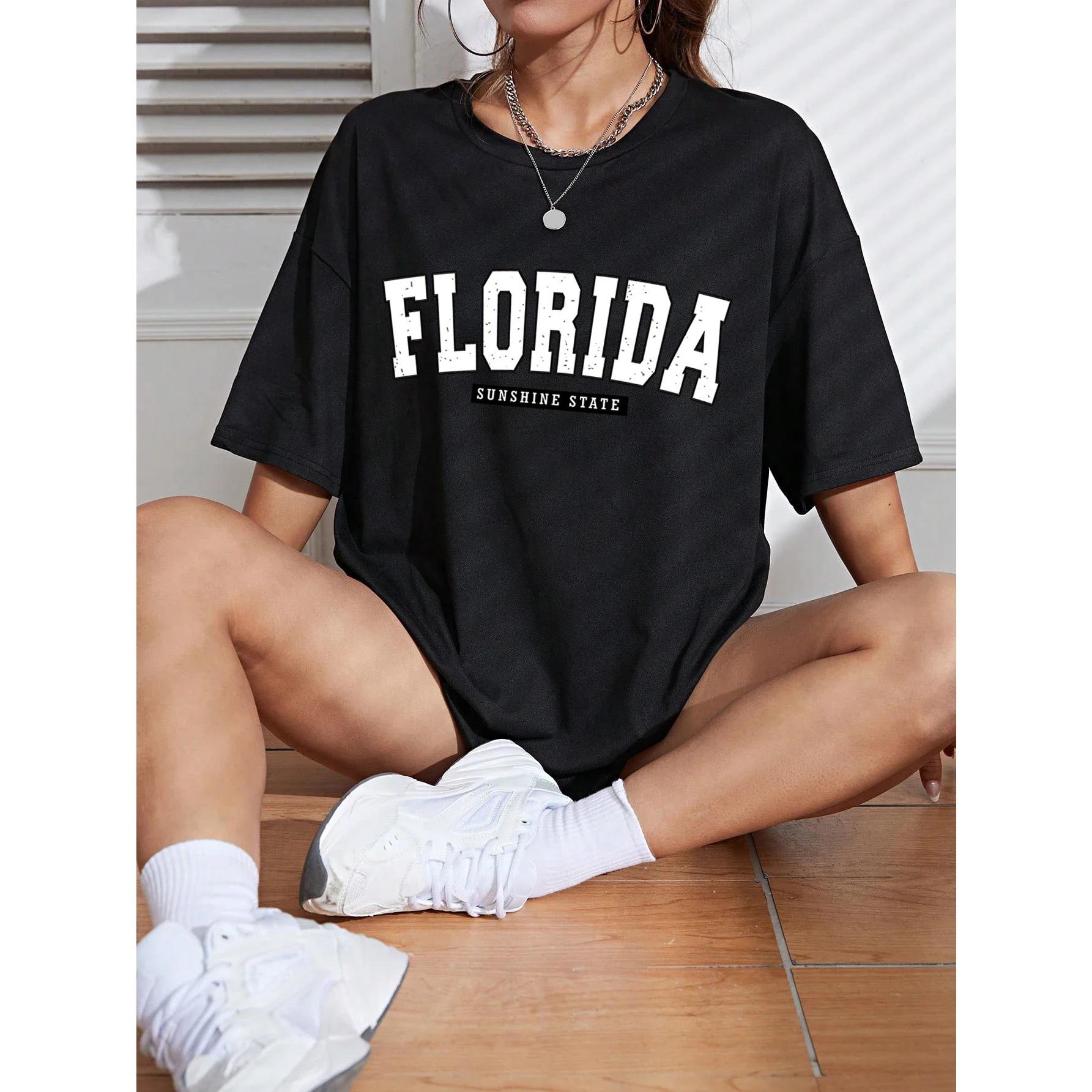 

Футболки с классическим буквенным узором Florida Sunshine State USA City для женщин, свободная одежда больших размеров, 100% хлопок, уличная футболка 2XL