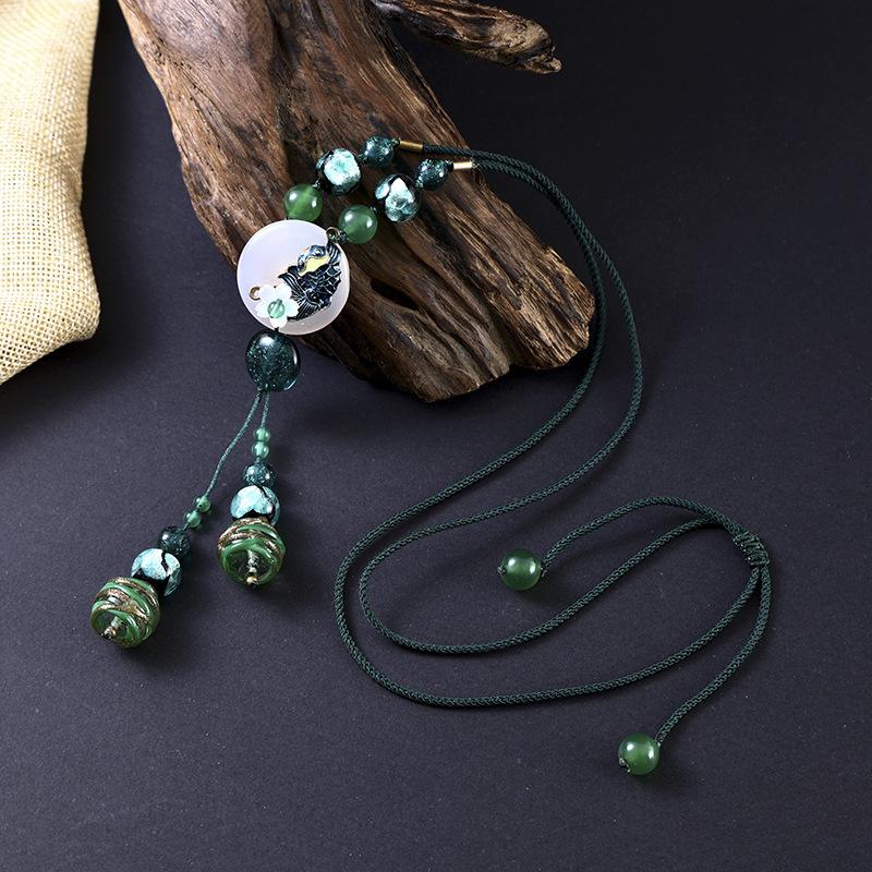BLINGBAY Women's Vintage Marble Butterfly Pendant Necklace Green Beaded Rope Chain Long Tassel Statement Jewelry Gift