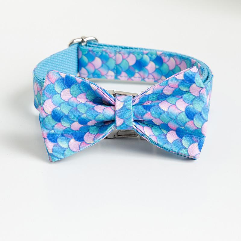 Mermaid Pet Collar & Laser-Engraved Bow Tie Set for Dogs S