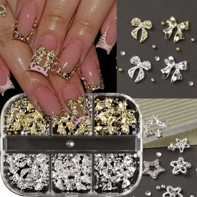 6 Grids Nail Art Decorations Metal Diamond Bow-Knot & Star Shape DIY Nail Decor Punk Style Mixed Designs Nail Charms