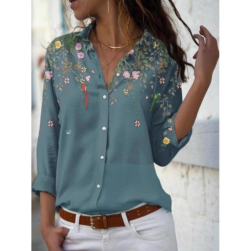Printed LapelShort-sleeved Loose Top Print Lapel Short sleeve Loose Button Top