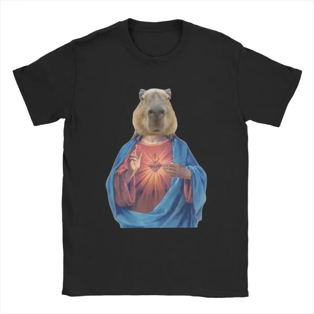 Capybara Jesus T-Shirts Men Novelty Pure Cotton Tees Crewneck Short Sleeve T Shirts 4XL 5XL 6XL Clothes