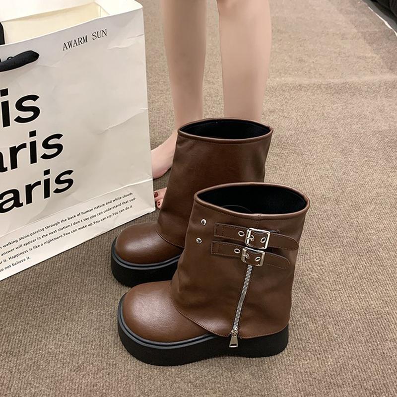 Winter Punk Style Women Knee High Boots Fashion Belt Buckle Long Boots Female Elegant Platform Heel Women'S Knight Botties