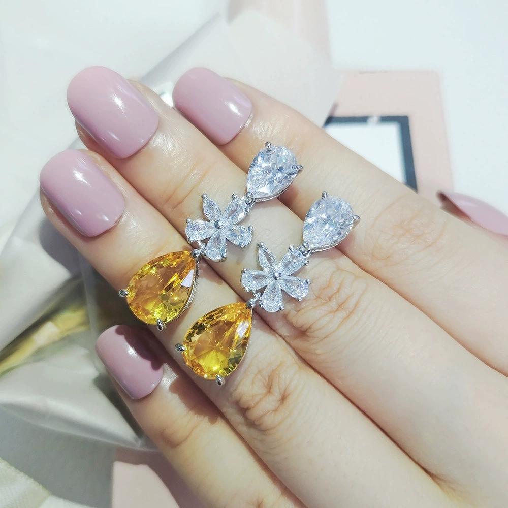 Female White Yellow Zircon Stone Flower Water Drop Earrings Cute Trendy Bridal Silver Color Dangle Wedding  For Women