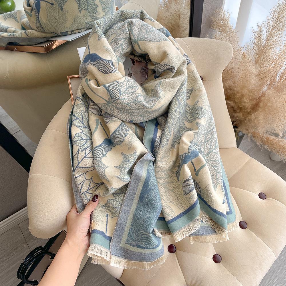 Winter Literary Imitation Cashmere Scarf Women'S Elegant Maple Leaf Printing Scarf Thickened Warm And Windproof Versatile Shawl