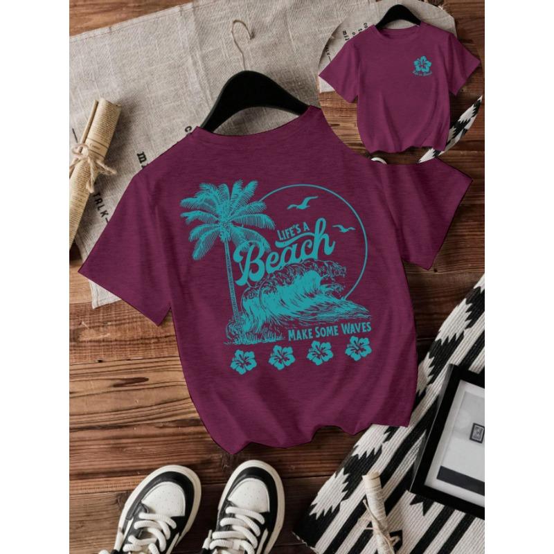 Modisches Rundhals-T-Shirt mit Strand- und Wellenprint und lockeren kurzen Ärmeln