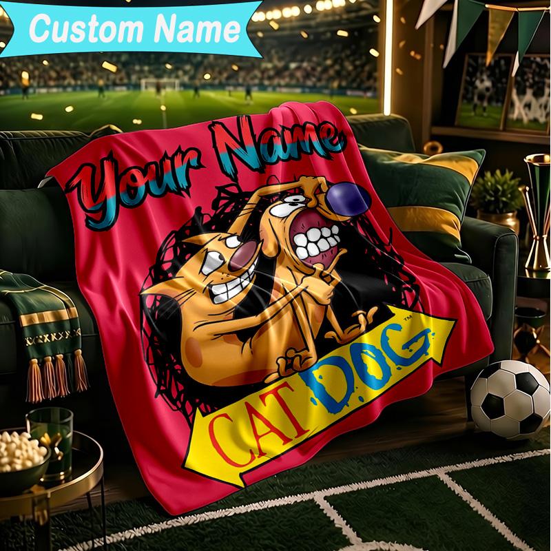 1PC Custom Name Blanket Cat Dog Adventure Flannel Blankets Patterns Throw Blanket All-Season Soft Gift for Couch, Bed, Camping, Birthday Gifts