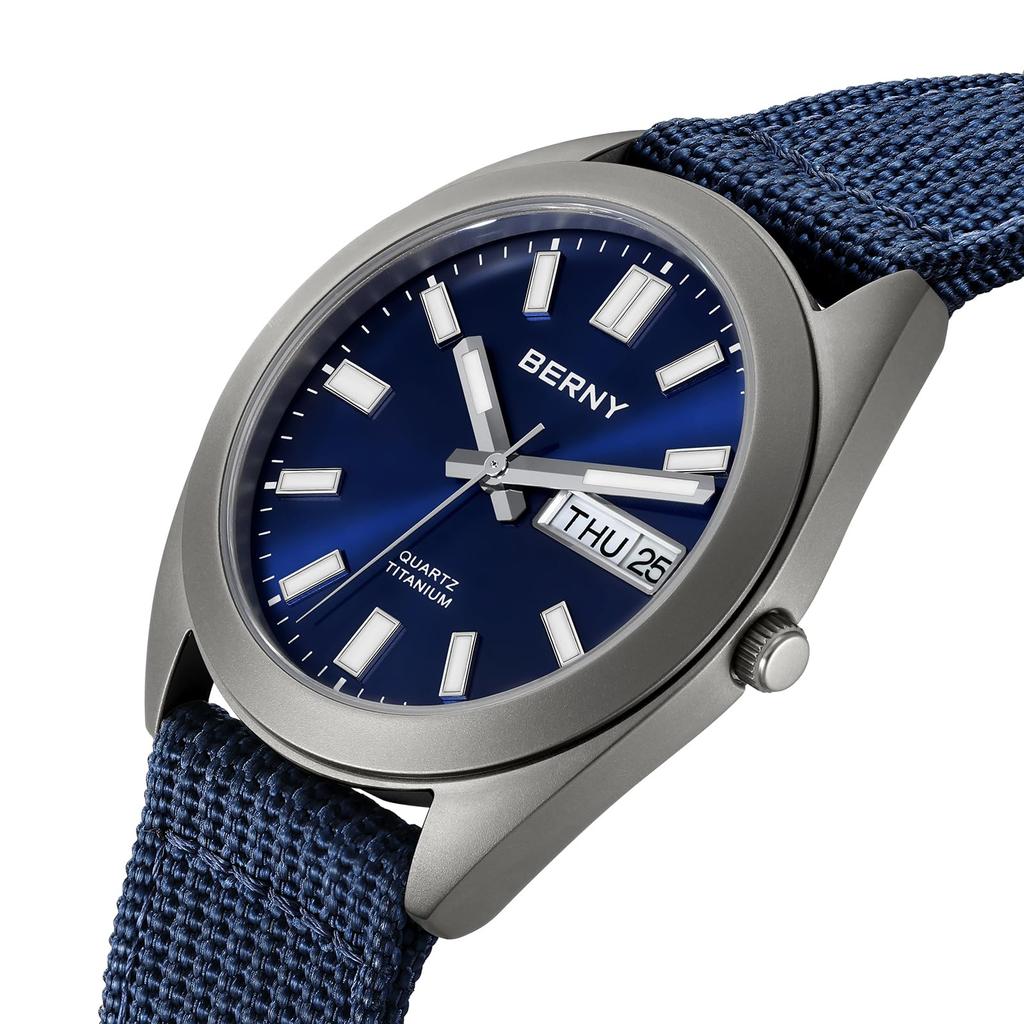 BERNY Men's Titanium Analog Quartz Watch, Japanese VJ53 Movement, 10 ATM Waterproof, Sapphire Glass, Super Luminous, Calendar, Blue Dial