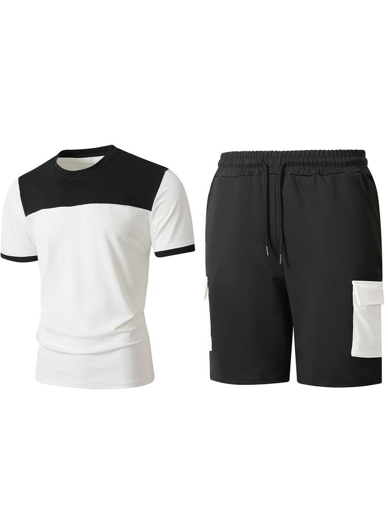 Men Color Block Casual Round Neck Short Sleeve T Shirt Cargo Shorts Two Piece Set