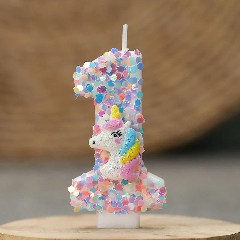 Gradient Pink Unicorn Happy Birthday Candles with 0-9 Number for Cake Decoration Children's Party Favors Cake Toppers DIY