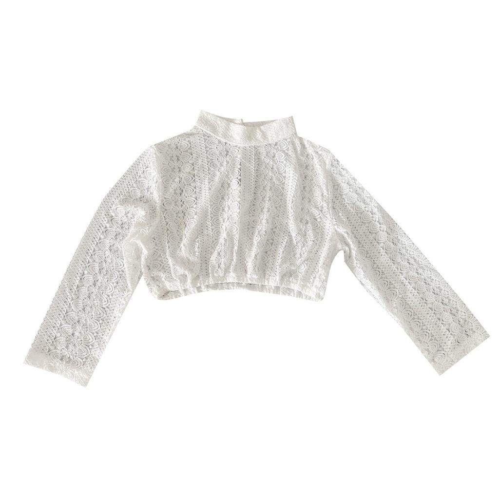 Women's Lace High Neck Crop Top Shirt Oktoberfest Style Sheer Mesh Blouse Three Quarter Sleeve Festival Shirt