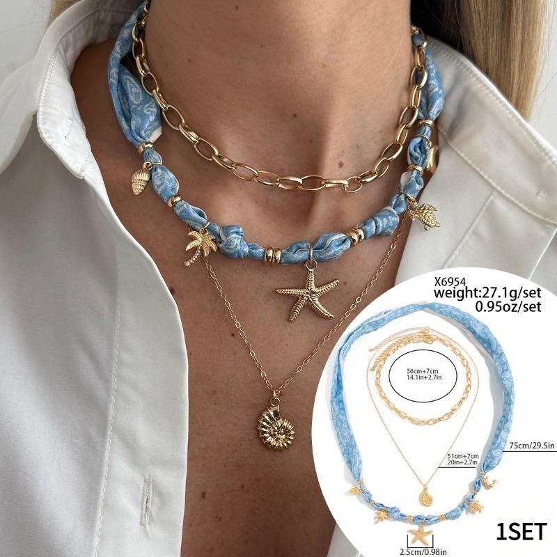 1SET European and American vacation ins shell starfish silk scarf stacked necklace, niche exotic love flower item jewelry women