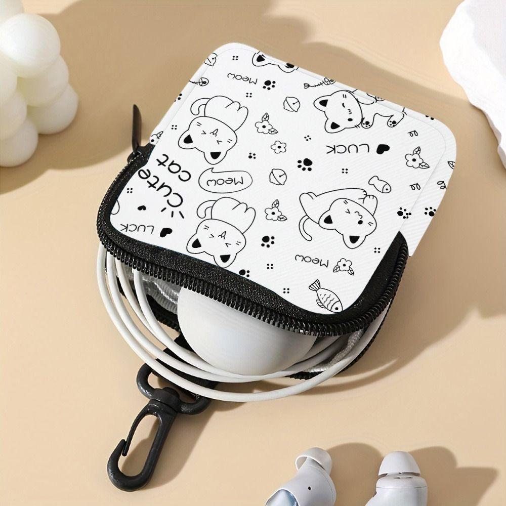 Large Capacity Cute Cat Print Portable Coin Purse Faux Leather Waterproof Mini Earphone Case with Key Ring Multifunctional