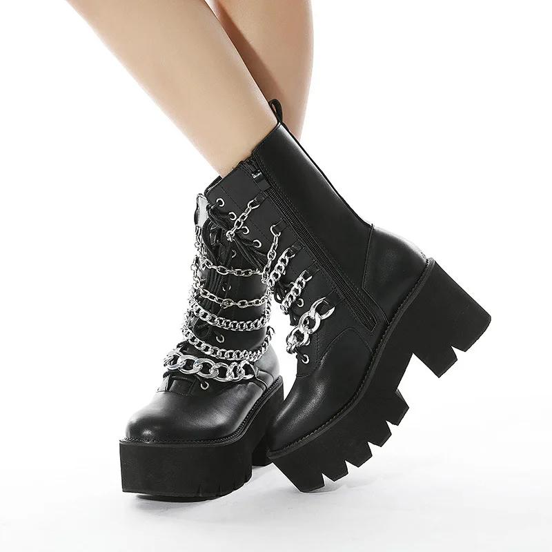 Fashion Goth Rivet Emo Shoes Platform Heeled Boots Women Big Size Chain Metal Decoration Chunky Heels Combat Boots Mid Calf