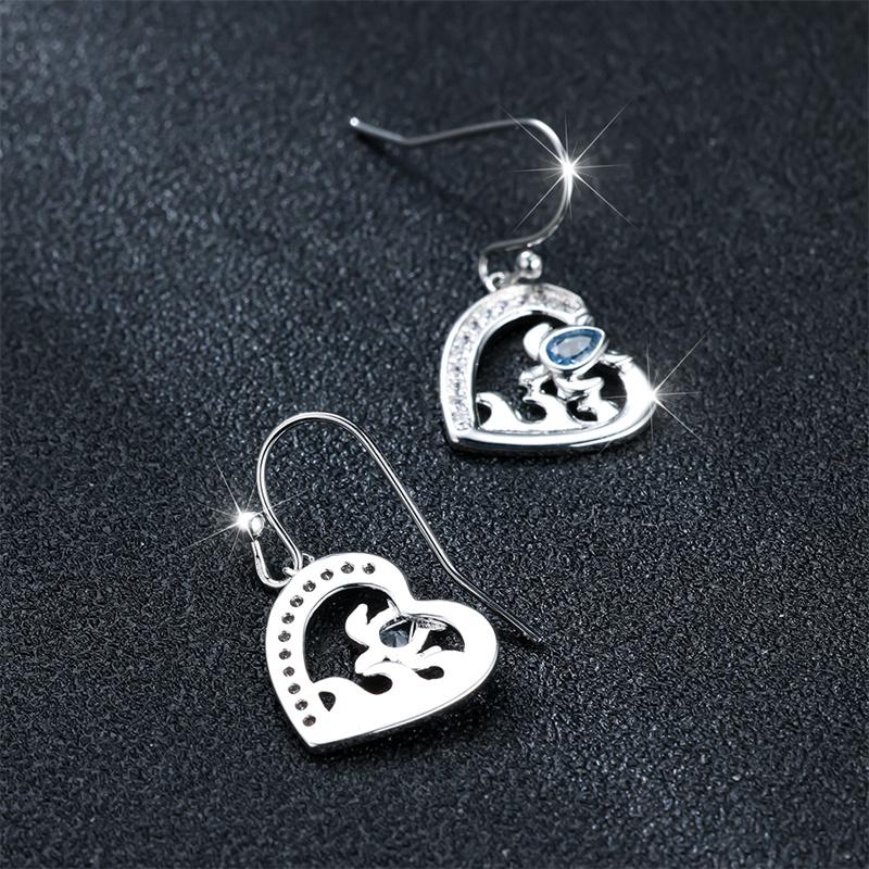 Cute Female Big Heart Drop Earrings Silver Color Dangle Earrings For Women Luxury Blue Turtle Crystal Stone Wedding Jewelry