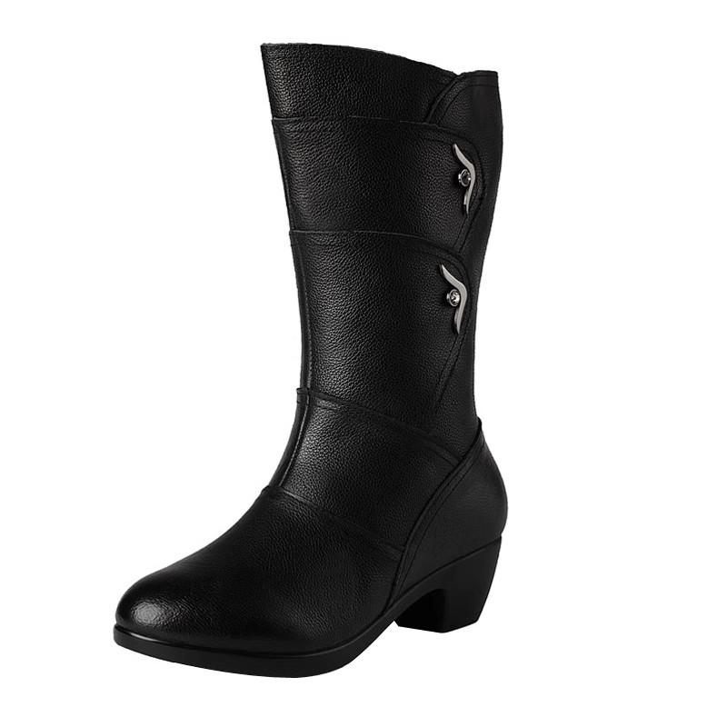 Fashion GKTINOO Women Ladies Female Mother Genuine Leather Mid Calf Boots Shoes Winter Plush Fur Warm Botas Zipper Plus Size 41 42