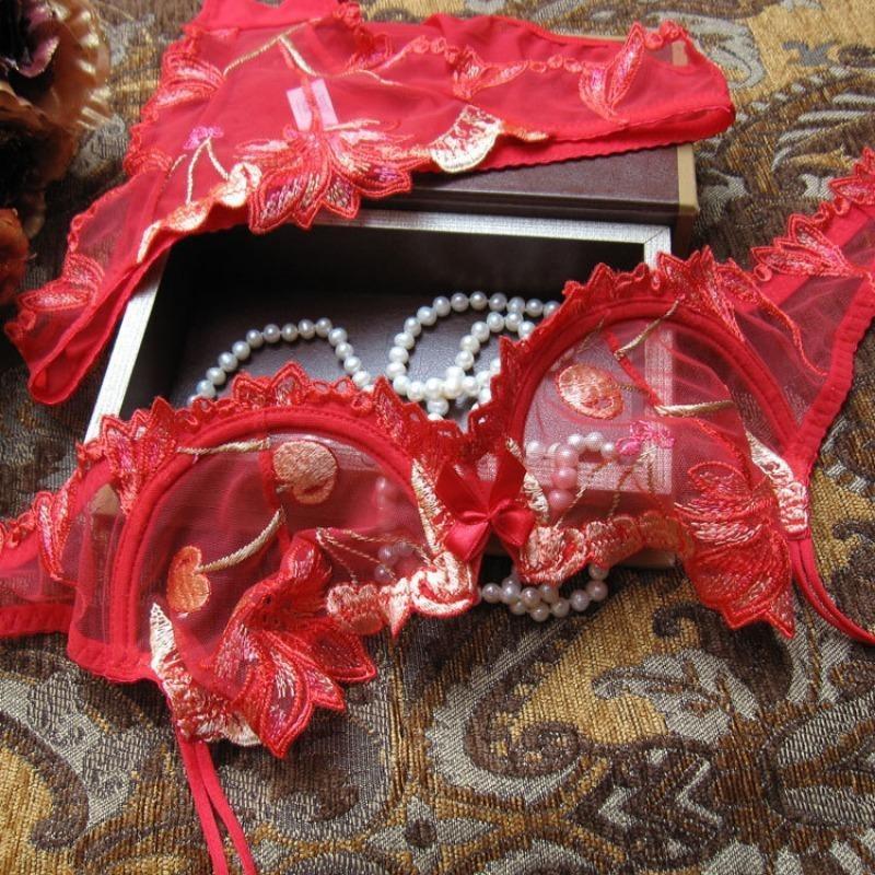 European and American Sexy Lingerie Transparent Mesh Embroidered Bra Set