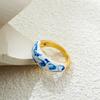 Fashion Blue and White Enamel Flower Round Dome Rings for Women Geometric Circle Chunky Finger Ring Trendy Zircon Gifts