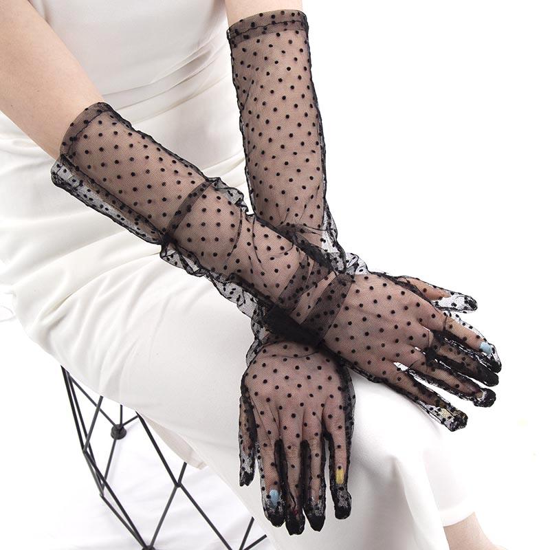 Mode Sexy Damen Schwarz Weiß Punkt Spitze Lange Tüllhandschuhe Braut Hochzeit Dehnbar Vollfinger Transparent Dünne Damen Netzhandschuhe