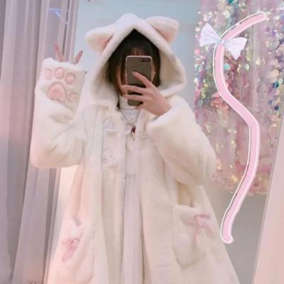 Winterjacke Damen Lolita Fleece-gefüttert Verdickter Mädchen Weicher Stoff Kawaii Katzenohrmütze Klaue Süßer Plüsch Weißer Mantel Jugendlicher Parka