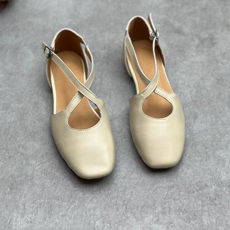 Johnature Handmade Genuine Leather Shallow Buckle Strap Sandals Versatile Soft Cowhide Women's Flat Shoes