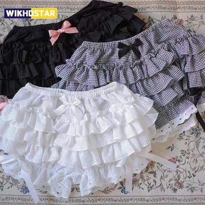 Damen Schwarz Weiß Rüschenshorts Kawaii Spitze Schleife Lolita Kürbis Höschen Süße Sicherheitsshorts Hosen Vintage Viktorianische Bloomers