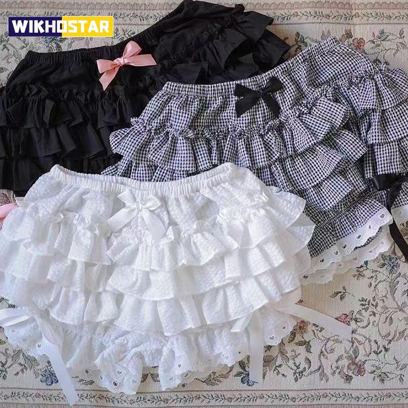 Pantaloncini Corti da Donna Bianchi e Neri con Volant Kawaii Fiocco in Pizzo Lolita Culotte Zucca Pantaloncini Sicurezza Carini Pantaloni Bloomers Vittoriani Vintage