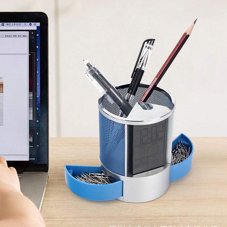 Multifunctional Metal Mesh Perpetual Calendar Pen Holder with Desktop Temperature Clock