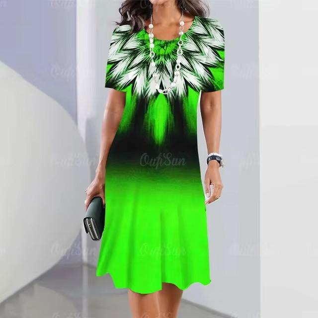 Elegante Abito Midi da Donna a Maniche Corte Moda Stampa 3D Taglie Forti Abbigliamento da Spiaggia