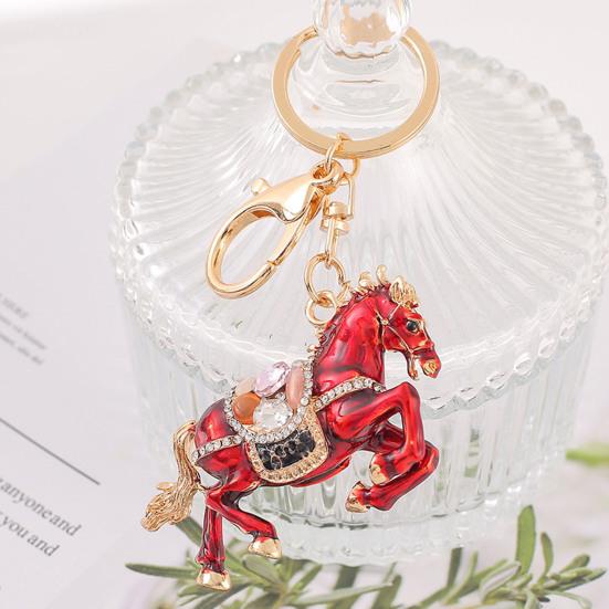 Keychain Sparkling Rhinestones Inlaid Galloping Horse Design Keychain Pendant Enamel Oil Drip Process Smooth Edges Spring Buckle Key Holder Backpacks