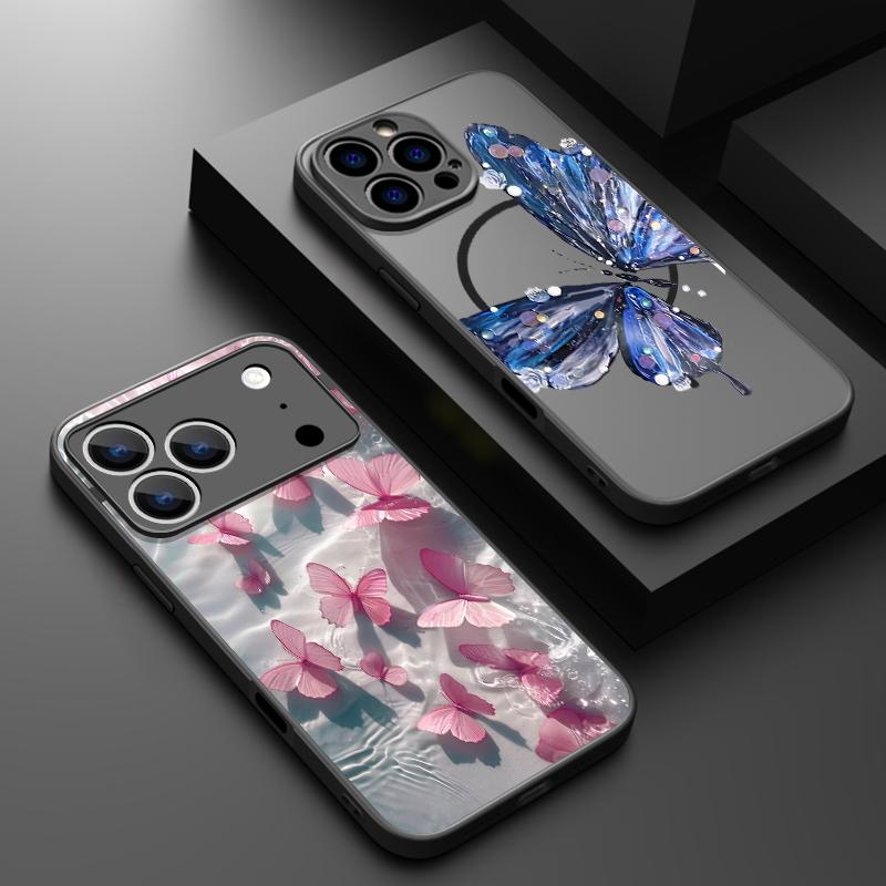Thin Ring Magnetic For Magsafe Case For iPhone 17 Pro Max Case iPhone 16 15 14 13 Pro Max 17E Butterfly Print Hybrid TPU+PC Matte Cover