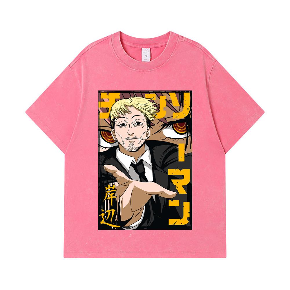 275 GSM Washed T-shirts 100% Cotton Chainsaw Man V25 Kishibe Print Unisex Heavy Cotton T Shirt