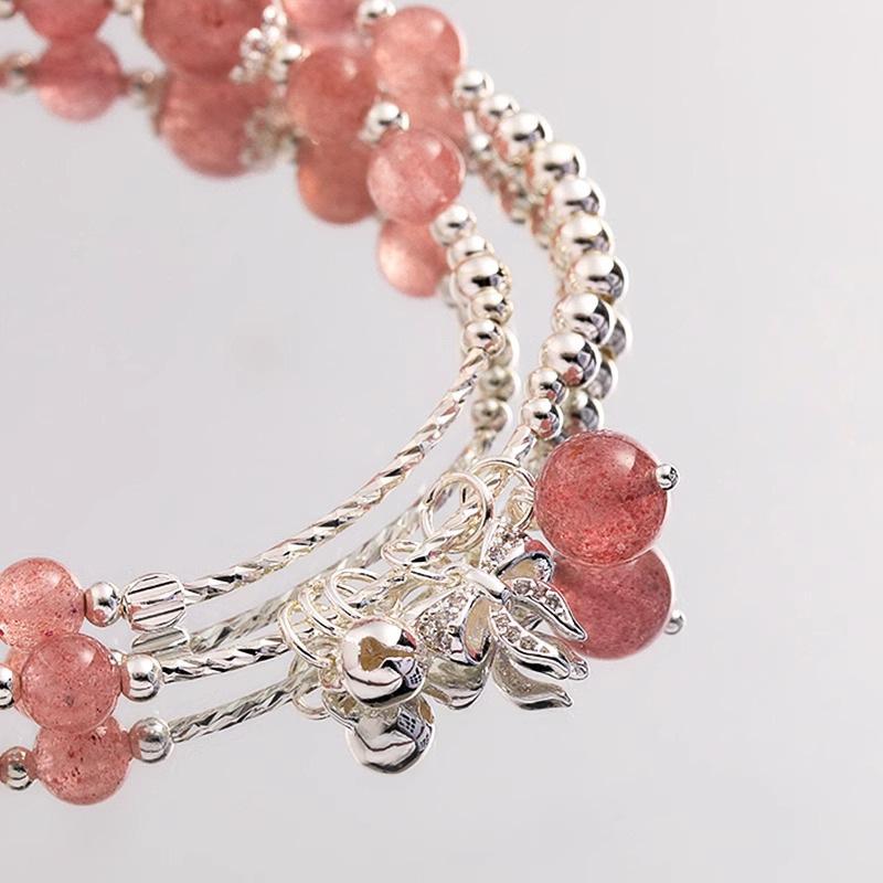 Natural Strawberry Crystal Zircon Bow Bracelet Women's Double-layer Stacked High-end Bracelet Small Fresh Light Luxury Jewelry Women