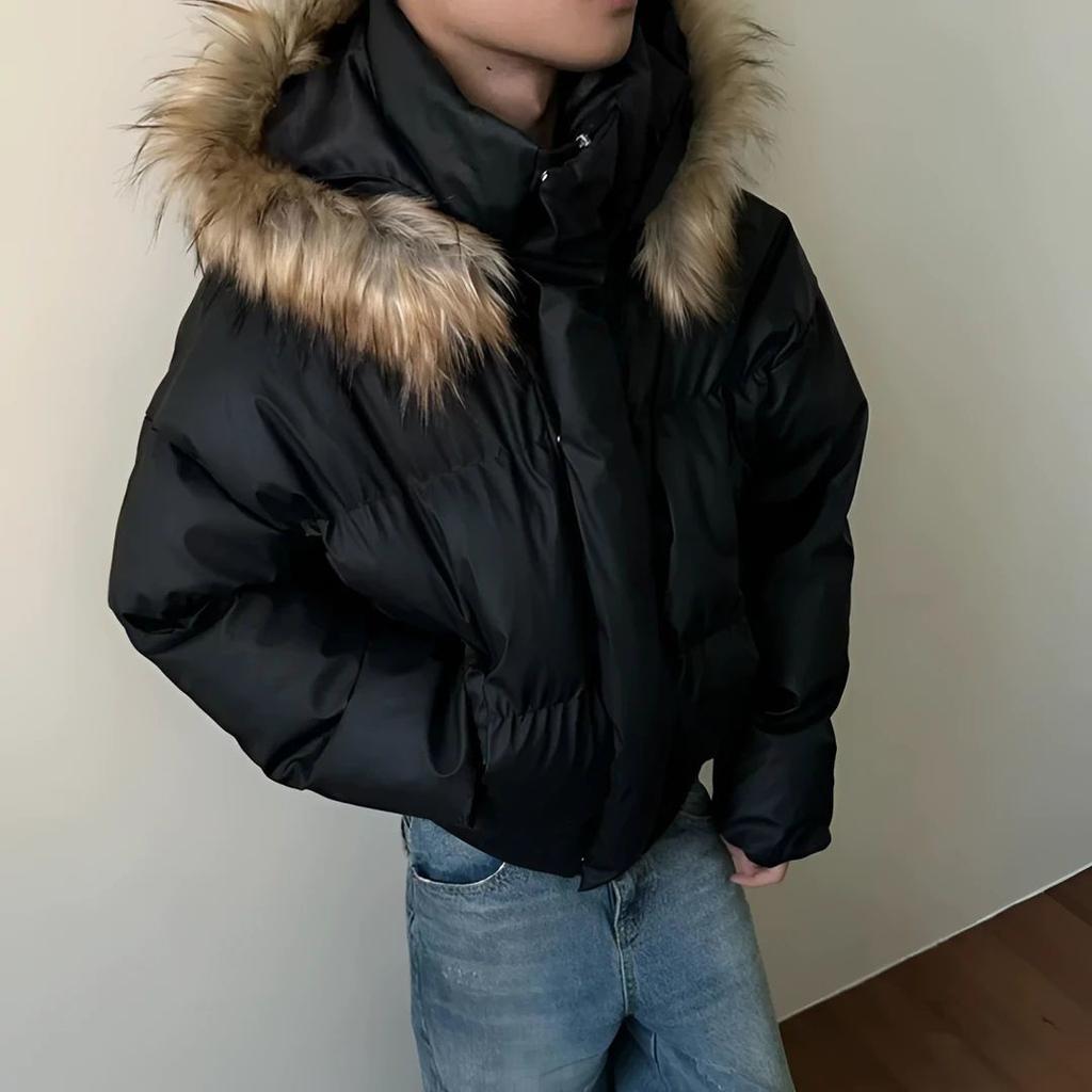 American Fashion Solid Color Fur Collar Hooded Cotton-padded Jacket Women Y2K Harajuku Gothic Hip-hop Pop Jacket Coat