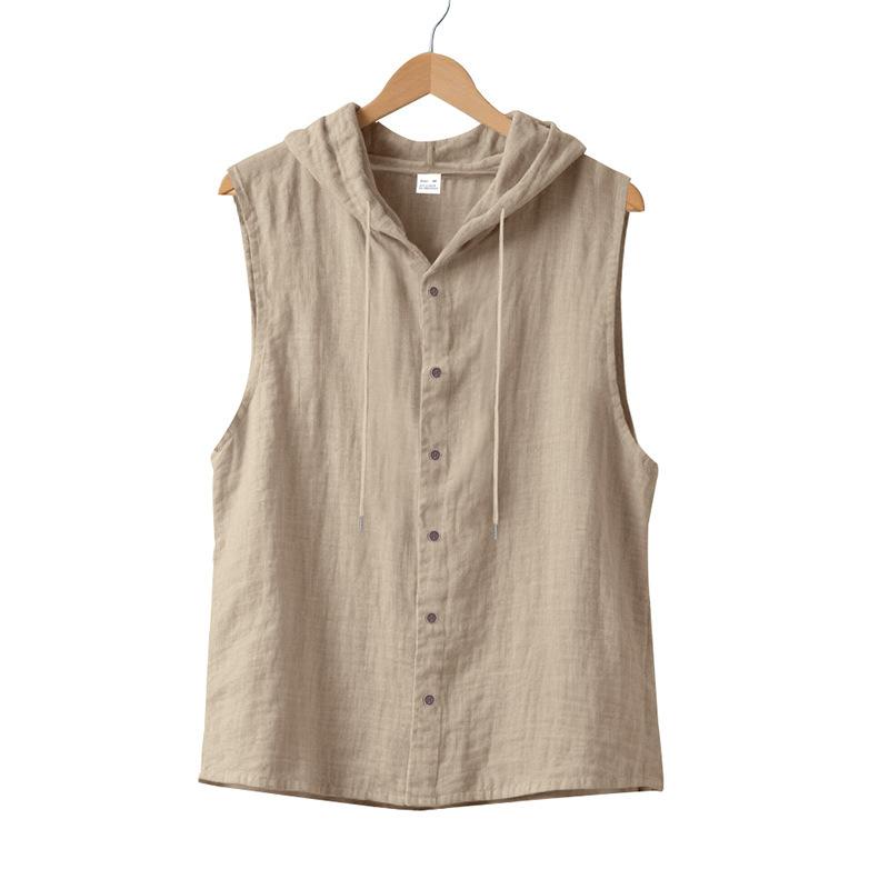 2025 Summer Mens Sleeveless Shirt New Men Loose Casual Linen Hooded Shirt Male Thin Waistcoat Male Trendy Casual Shirt
