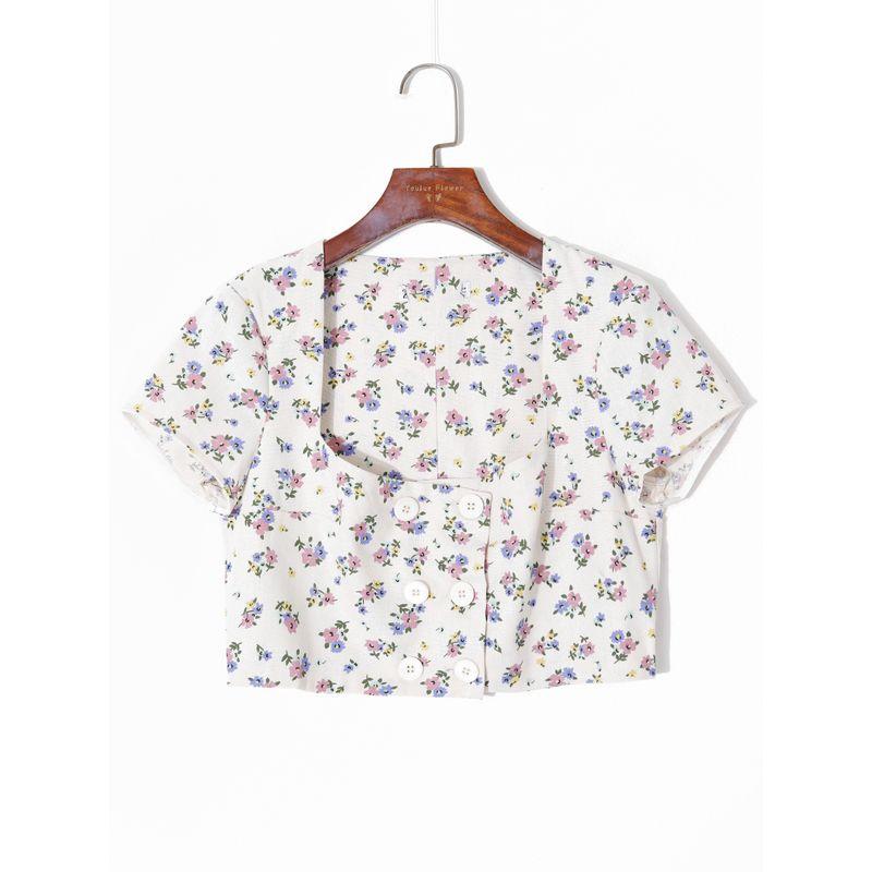 

2025 Summer Women clothes Korean Style Fresh Floral Sexy Low Square Collar Double Breasted Slim fit Slimming Short Age Reducing Shirts Print L
