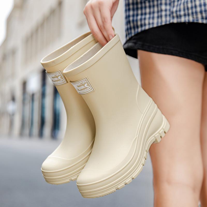 Medium tube rain shoes women's thick-soled wear-resistant and non-slip rain boots outdoor wading rubber shoes camping water boots work water shoes