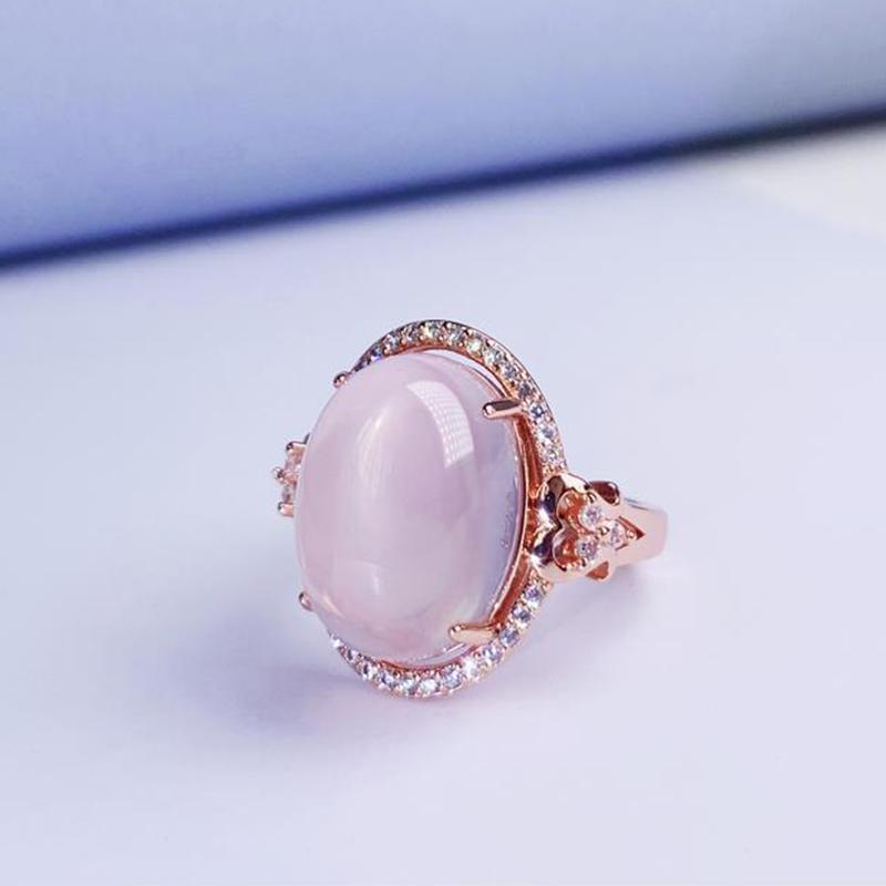 Klasický Dream Diamond Růžový Přírodní Chalcedon Růžový Oválný Prsten Otevírací Nastavitelný Růžové Zlato Šlechetný Luxusní Dámský Šperk