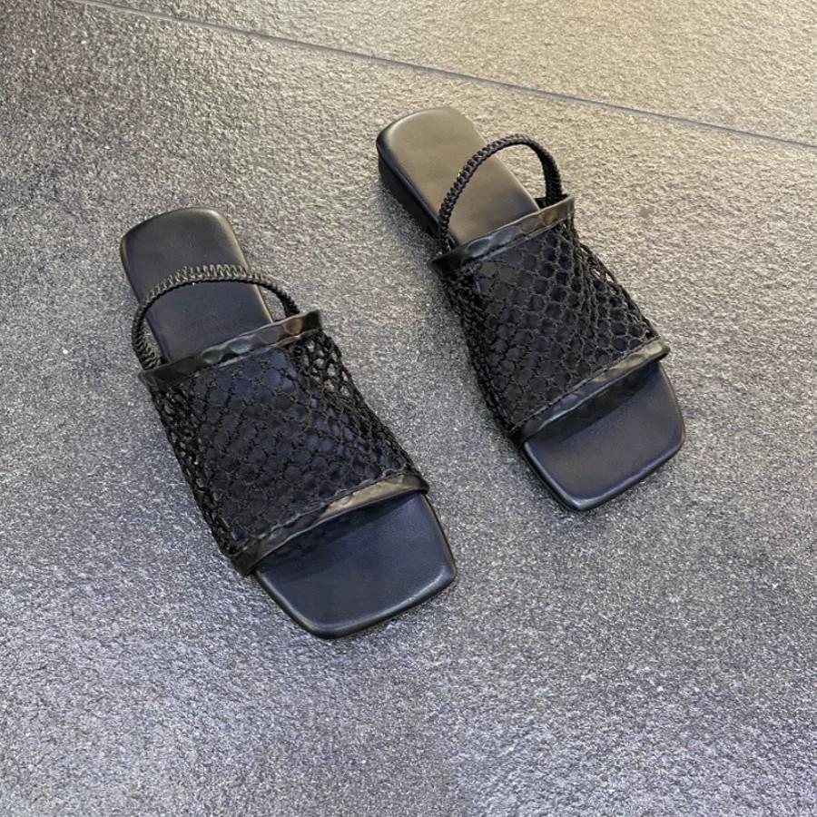 Sheepskin Version~ Korean Fishing Net Surface Square Head Open-toed Sandals Women's Summer 2025 New One-word Flat-bottomed Cool Slippers Outer Wear