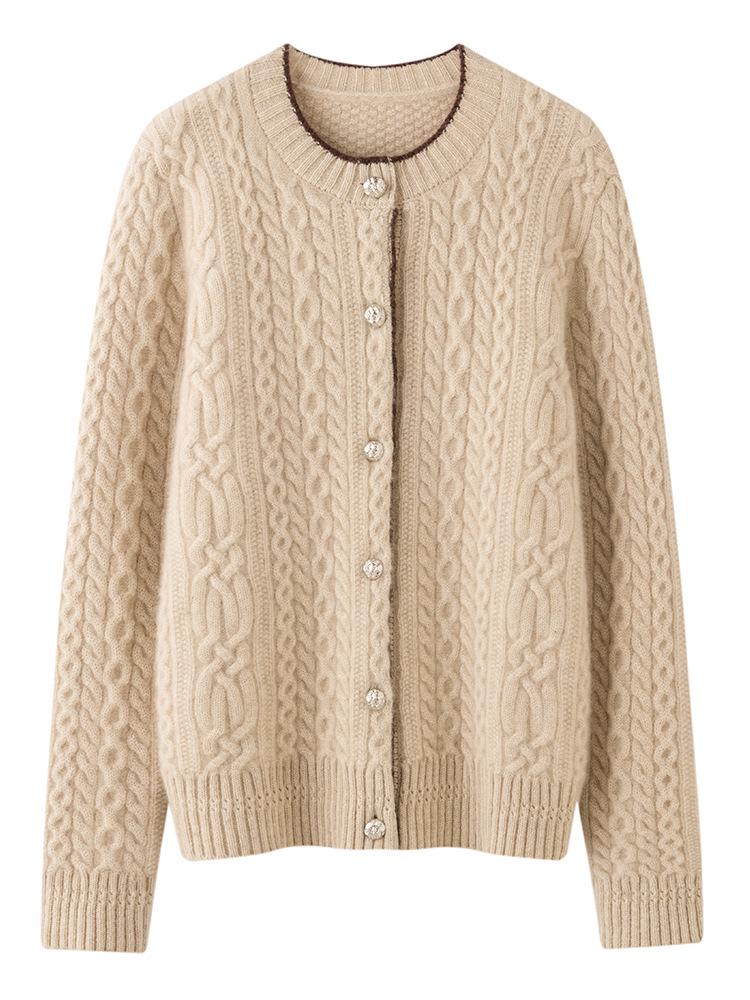 Women's Autumn/Winter Cashmere Knit Cardigan - Versatile Round Neck Elegant Cable Sweater Coat
