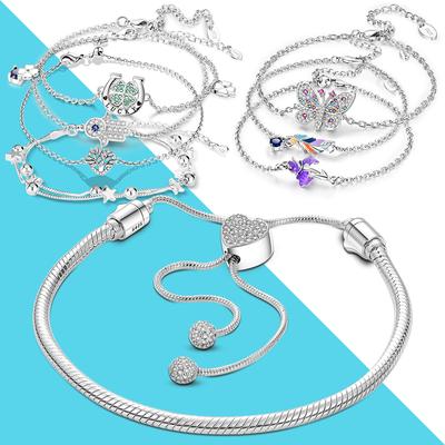 925 Silver Adjustable Size Chain Link Bracelet For Women Feather Butterfly Star Family Life Tree Travel Iris Charm Bracelets