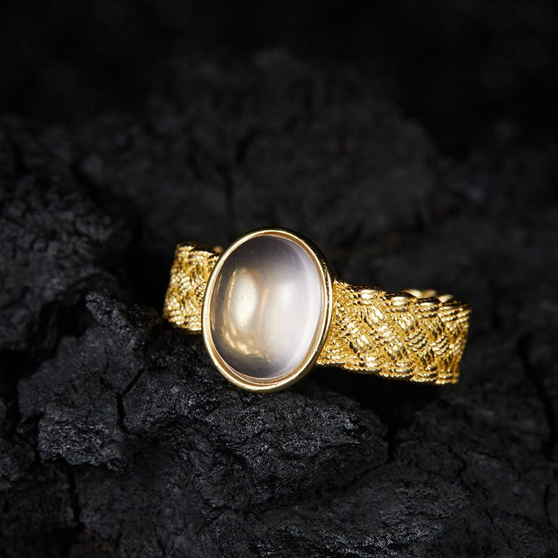 Niche Retro High-End Open Ring S925 Sterling Silver Inlaid With Natural Lapis Lazuli Powder Crystal Colored Treasure Ring For Women