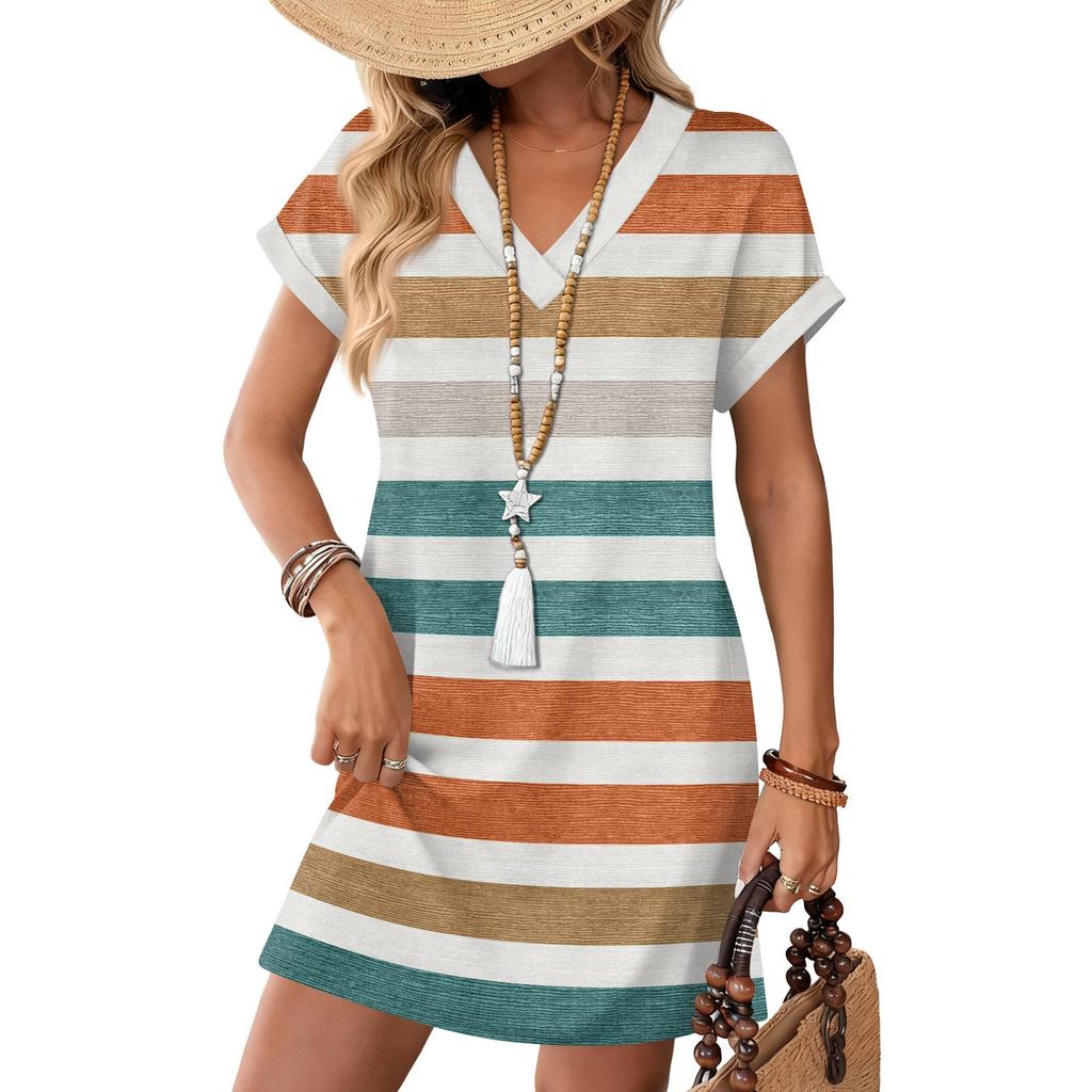 Damenmode Gestreifter Druck V-Ausschnitt Kurzarm Tasche Lässiges Pulloverkleid