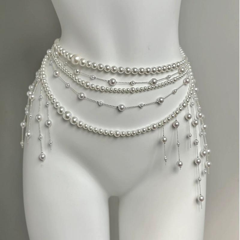 Adjustable Fit Multilayer Pearl Waist Chain 1Pc Retro Y2K Designer Women's Belt for All Body Types Daily Wear