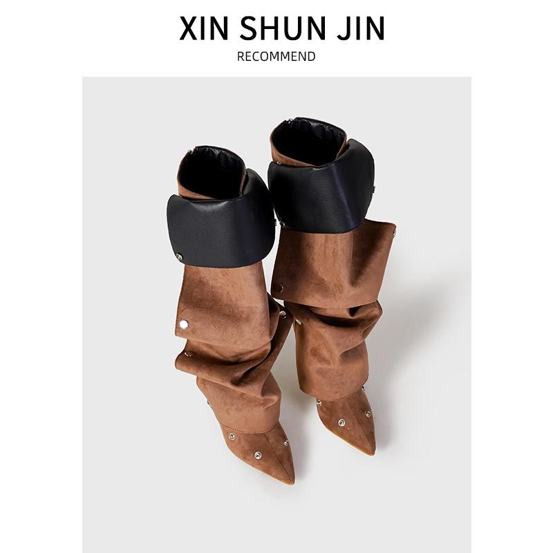 

2025 Ивовая застежка-гвоздик, сращивание, два способа носки, шпилька, джинсовые плиссированные ботфорты с напуском, женские, индивидуальность, модные ботинки Spice girl, женские 40 коричневый