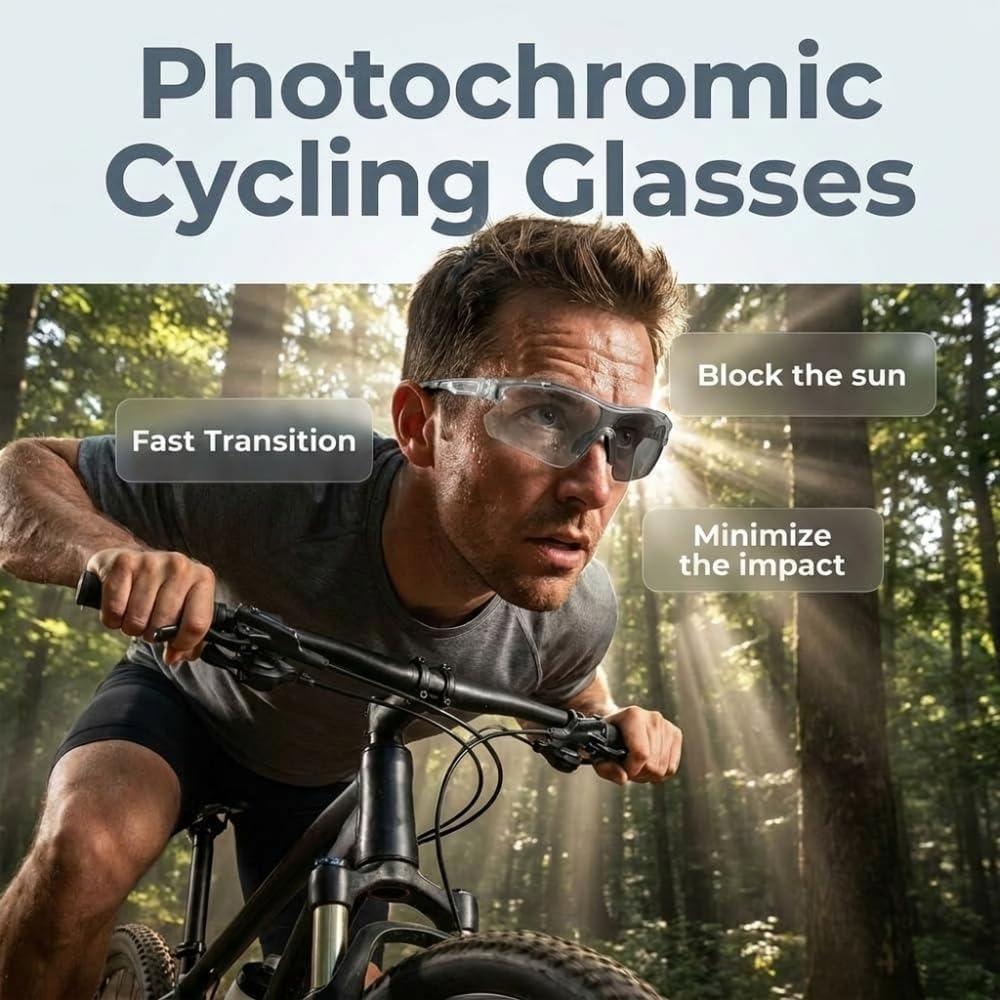 Photochromic Cycling Glasses for Men Women, UV400 Protective Sunglasses for Hiking Cycling, Lightweight Sports Sunglasses